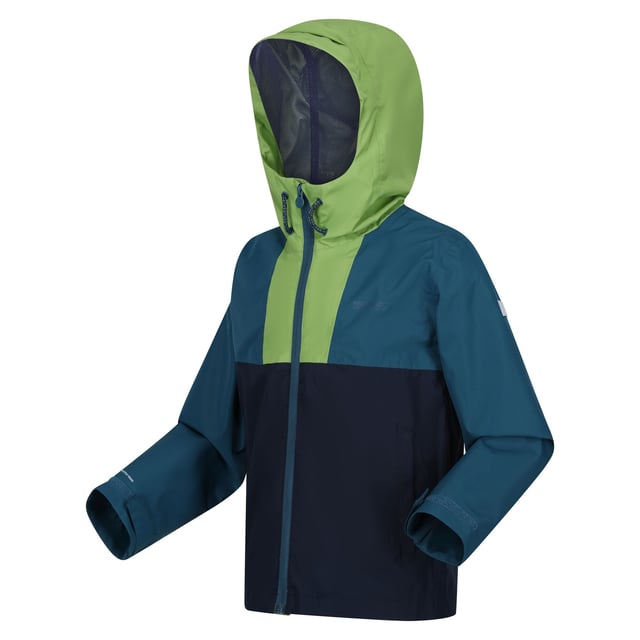 Regatta Childrens/Kids Hanleigh Waterproof Jacket (Piquant Green/Moroccan Blue/Navy) Outer Materials: 100% Polyester. Lining: Mesh, Taffeta. Fabric: Stretch. Design: Contrast Colour, Logo. Trim: Reflective. Fabric Technology: Breathable, DWR Finish, Isotex 10000, Waterproof, Windproof. Cuff: Adjustable, Hook And Loop Strap. Neckline: Hooded. Sleeve-Type: Long-Sleeved. Taped Seams. Hood Features: Adjustable, Drawcord, Grown On Hood. Fastening: Full Zip. 10000g/m²/24hrs. Sustainability: Made from Recycled Materials.