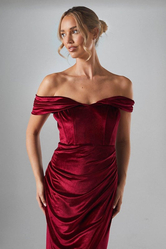 Corset Bardot Velvet Bridesmaids Maxi Dress
