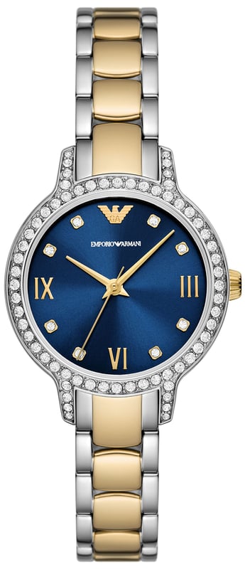 This Emporio Armani Cleo Analogue Watch for Women is the perfect timepiece to wear or to gift. It's Silver 32 mm Round case combined with the comfortable Multicolour Stainless steel watch band will ensure you enjoy this stunning timepiece without any compromise. Operated by a high quality Quartz movement and water resistant to 5 bars, your watch will keep ticking. This original fashionable watch is set with beautiful stones, perfect for every Women. High quality 19 cm length and 12 mm width Multicolour Stainless steel strap with a Deployment clasp Case diameter: 32 mm,case thickness: 7 mm, case colour: Silver and dial colour: Blue