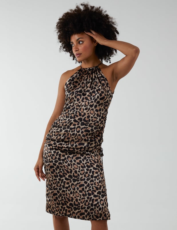 Animal Printed Halter Neck Styled Women High Low Dress