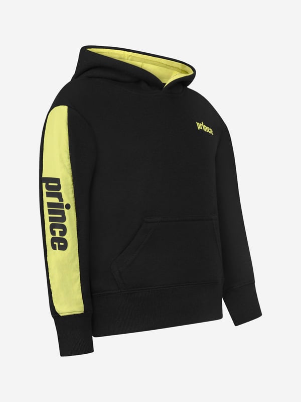 For comfort and style when warming up for practice, or just to throw over their favorite tee for a sporty look they can wear all day. This Prince Off Court Stance Hoodie in black will be their favourite. This pullover in black has contrast yellow for a pop of colour, made of 60% cotton & 40% polyester with an attached hood and Prince Logo on the sleeves. Before washing make sure to turn the hoodie inside out to protect the logo.