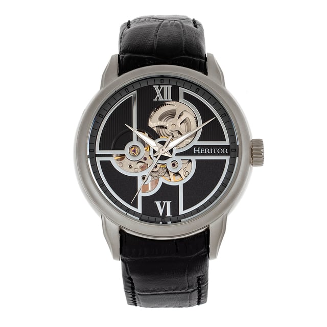 316L Surgical-Quality Stainless Steel Case; Jeweled Automatic Movement; Jewel Bearings: 20 Jewels; 36-Hour Power Reserve; Beats per Hour (BPH): 21600/Hour; Sapphire-Coated Mineral Crystal; Semi-Skeleton Dial; Observation Caseback to view Movement; Genuine Leather Strap; Logo-Engraved Stainless Steel Clasp; Luminous Hands; 45mm Diameter; 5 ATM Water Resistance;