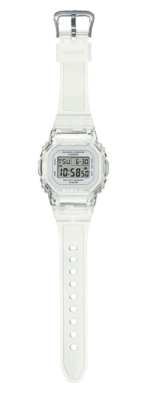 This Casio Baby-g Digital Watch for Women is the perfect timepiece to wear or to gift. It's Transparent  Rectangular case combined with the comfortable Transparent Plastic watch band will ensure you enjoy this stunning timepiece without any compromise. Operated by a high quality Quartz movement and water resistant to 10 bars, your watch will keep ticking. The iconic BABY-G look you love — a compact, casual watch for your active life. The smaller and slimmer BGD-565 is designed to appear flat when viewed from the side for an even thinner look This Digital watch has a calendar function: Day-Date , Stop Watch , Countdown , Alarm and Light High quality 19 cm length and 21 mm width Transparent Plastic strap with a Buckle Case measurement: 30 X 37 mm,case thickness: 10 mm, case colour: Transparent and dial colour: White