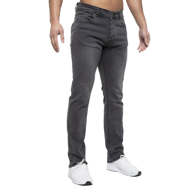 Enzo Designer Straight Leg Stretch Denim Jeans för herrar. Med 5 fickor, knappgylf och märkesknappar och nitar. Avslutad med en midjemärkning i PU-läder. (EZ359)