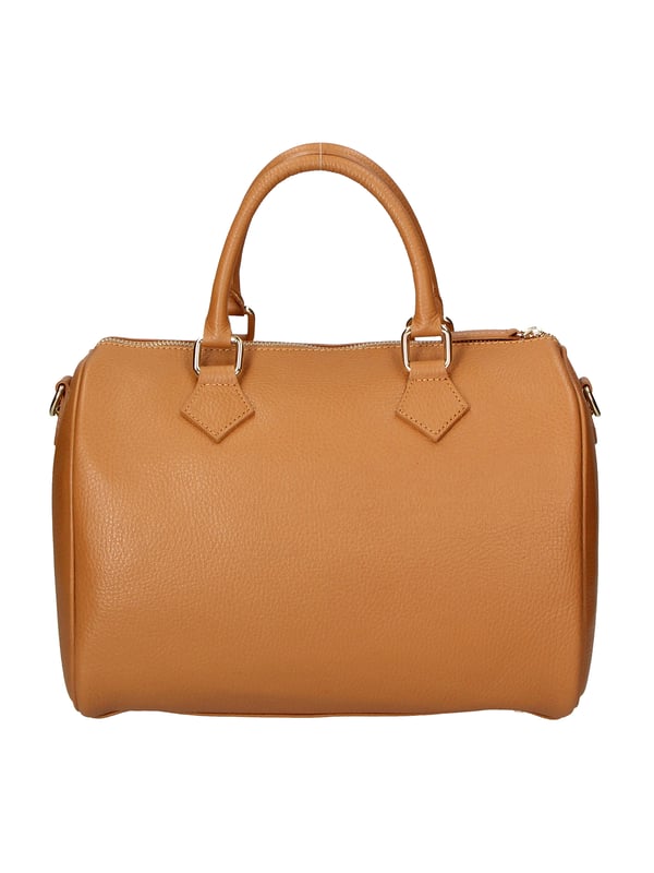 Bolso baúl de mujer. El cierre es con cremallera. Los bolsillos internos son uno con cremallera. Los bolsillos externos están ausentes. La bandolera es ajustable y extraíble en piel. El mango es de cuero. Hay un compartimento interno. El material exterior es piel auténtica tipo dólar. Internamente está forrado en tejido 70% algodón - 30% poliéster. Medidas: 30x23x18 cm. Hecho en Italia