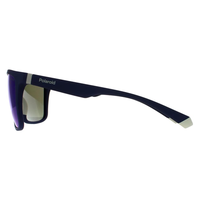 Gafas de sol Polaroid Rectangulares para Hombre en Azul Grisáceo con Espejo Azul Polarizado. Las Polaroid son un estilo rectangular ligero con una marca Polaroid de colores contrastantes en las patillas que hacen juego con las puntas de las patillas.