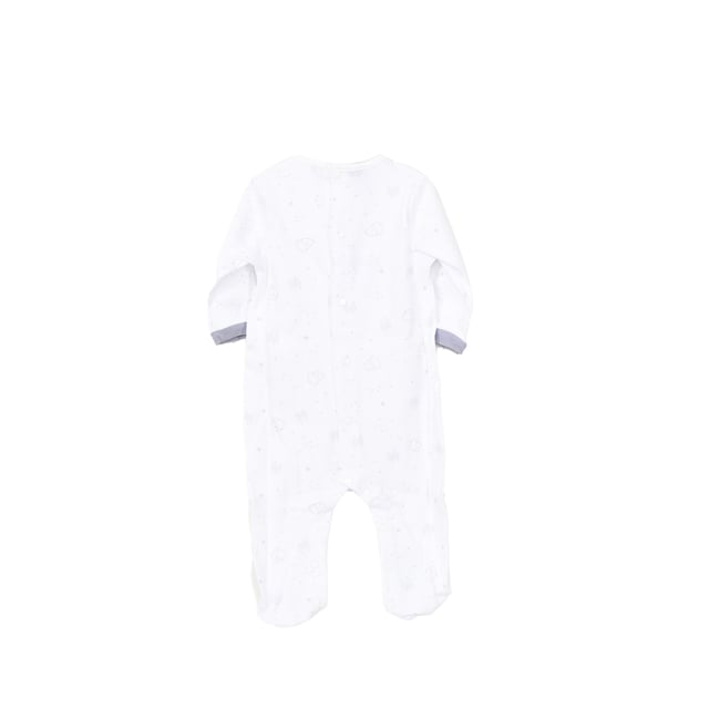 Babidu baby romper.
 White color
 Long-sleeved romper and long pants.
 Round neck with ribbed finish.
 Back closure by buttons.
 Printed on the front.
 Seams seen in tone.

 Composition: 100% Cotton

 Wash at maximum temperature 40º
 -Do not use bleach
 -Support iron
 -Tumble dry low
 Composition: 100% cotton
 Care:
Wash at maximum temperature 40º
 -Do not use bleach
 -Accepts iron
 -Dry at low temperature