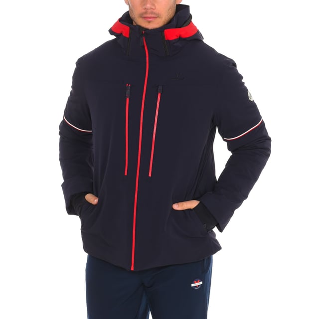 Ski jacket Vuarnet.
 Waterproofing: 20,000mm
 Breathability: 10,000mvp
 Waterproof zippers.
 Removable hood.
 Front zipper opening.
 One zipper pocket on each front side.
 One sleeve pocket with zipper.
 Two zippered hand pockets
 Two open internal pockets.
 Two internal zipper pockets.
 Includes glasses cleaning cloth in the interior pocket.
 Zipper cuff and internal jersey.
 Brand logo on one sleeve.
 Composition: 87% Polyamide, 13% Elastane
 Care:
Handwash.
 Do not use dryer.
 Do not iron.
 Do not use bleach.
 Do not dry clean.