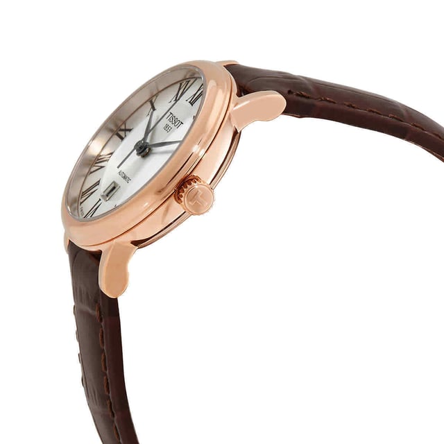 This Tissot Carson Premium Analogue Watch for Women is the perfect timepiece to wear or to gift. It's Rose Gold 30 mm Round case combined with the comfortable Brown Leather watch band will ensure you enjoy this stunning timepiece without any compromise. Operated by a high quality Automatic movement and water resistant to 5 bars, your watch will keep ticking. This high quality watch has an automatic watch movement ( recharged by any movement with your wrist; never needs a battery) - This Analogue watch has a calendar function: Date, Swiss Made High quality 19 cm length and 15 mm width a Brown Leather strap with a Buckle Case diameter: 30 mm,case thickness: 10 mm, case colour: Rose Gold and dial colour: Silver