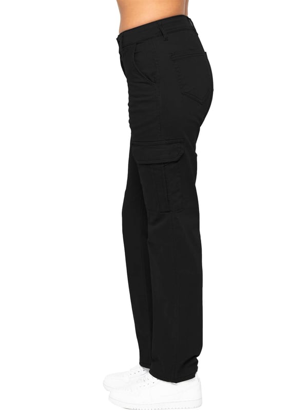 Enzo Women's Stretch Cargo Denim Jeans feature a straight-leg, regular fit design. They come with 2 front slash pockets, 2 side cargo pockets secured with Velcro fastening, and 2 back pockets for added convenience. The jeans have a zip fly closure and are perfect for both casual wear and workwear.