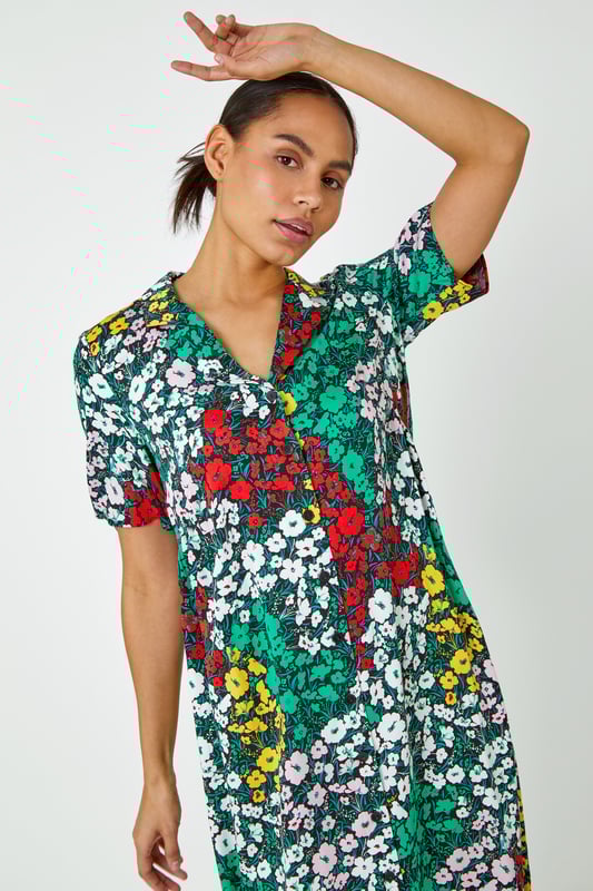Ditsy Floral Midi Shirt Dress from Roman. We just can't get over this floral print woven dress, cut to a timeless silhouette its relaxed collared neckline and colourful hues give it a feminine and sophisticated feel. Made from a lightweight fabric, button down front with short sleeves, this style is perfect for summer and can be worn with a cropped denim jacket and sandals for the ultimate post-lockdown look.