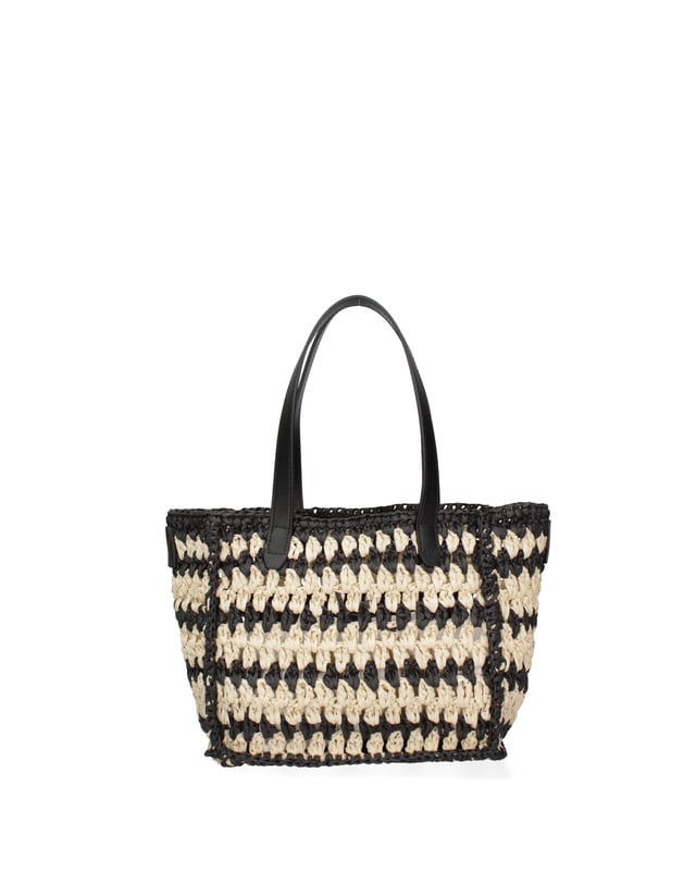 Bolso de mujer. El cierre está ausente. Los bolsillos internos son uno abierto. Los bolsillos externos son un frente abierto. La bandolera es de piel regenerada. El mango es de piel regenerada. Hay un compartimento interno. El material exterior es paja. Interiormente está forrado con paja tejida. Medidas: 32x21x14 cm. Producto de moda