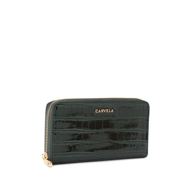 This Carvela Jessica Purse is crafted from a dark green croc embossed leather alternative. There gold branding on the front and a gold zip around. Dimensions: 10cm (H), 19cm (L), 2cm (D).