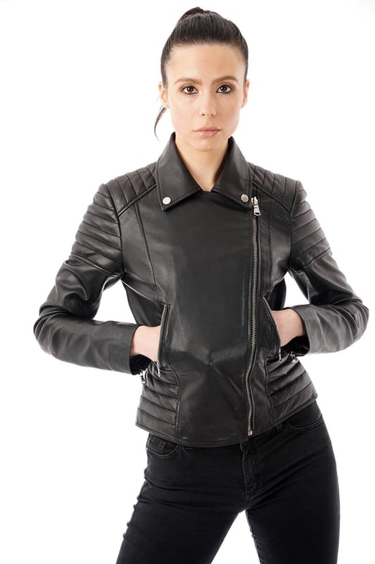 BARNEYS ORIGINALS Ribbed Asymmetric Real Leather Jacket