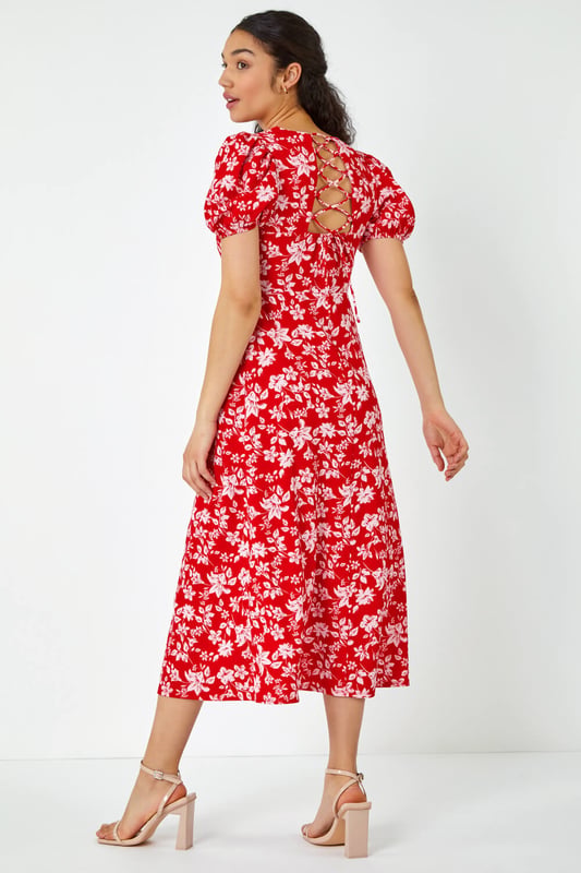 Ditsy Floral Print Lace Back Midi Dress Ditsy Floral Print Lace Back Midi Dress