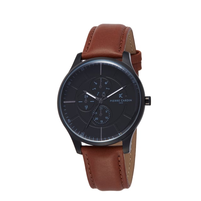 This sporty and clasical watch is perfect for every occasion! -The watch has a calendar function: Day-Date, Luminous Hands, 24-hour Display. High quality 21 cm length and 20 mm width. Brown Leather strap with a Buckle. Case diameter: 42 mm, case thickness: 9 mm, case colour: Black and dial colour: Black Water resistant: 3 bars -Weight: 52 g The watch is delivered in an original gift box and has a warranty of 2 years