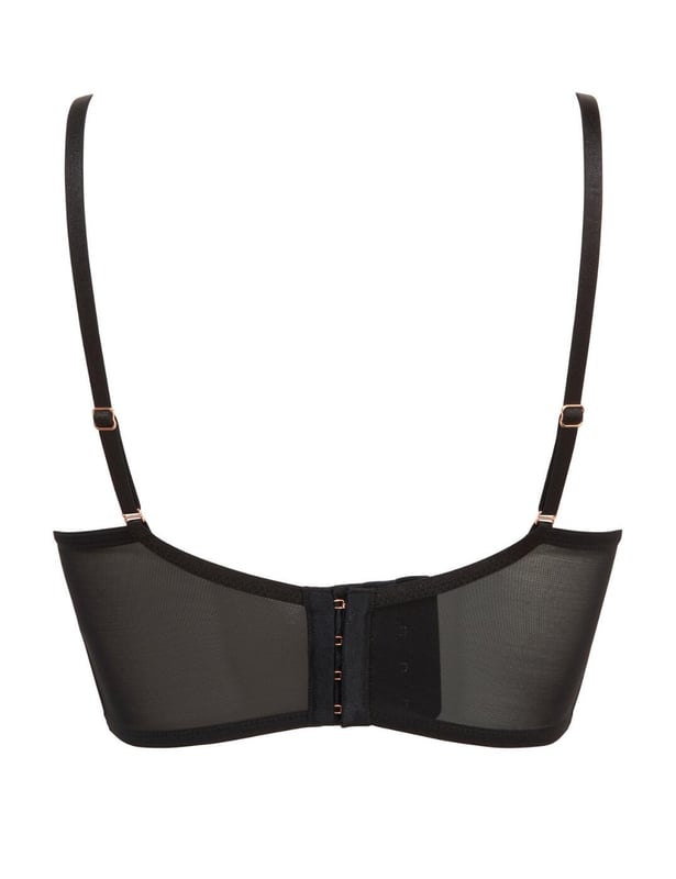 The VIP Indulgence Longline bra by Gossard combines deep and sultry colours with an overlay of contrasting lace creates a seductive design. Feminine embroidered design with semi sheer polka dot lace. Padded cups give an additional boost and while the plunging neckline highlights your curves perfectly. Sheer back and sides with a longline band offer a flattering fit. Subtle detailing such as a satin bow centre of the cups with small jewel and contrasting metal branded tag on the side. Complete your look with a matching suspender belt and briefs. Adjustable straps and hook and eye fastening.  Padded cups, Plunging neckline, Adjustable straps, Satin bow and jewel detail, Embroidered and sheer lace, Flattering long line band, Sultry colours, Composition: 64% Polyester | 25% Polyamide | 11% Elastane, Listed in UK sizes.      Padded Longline Bra
