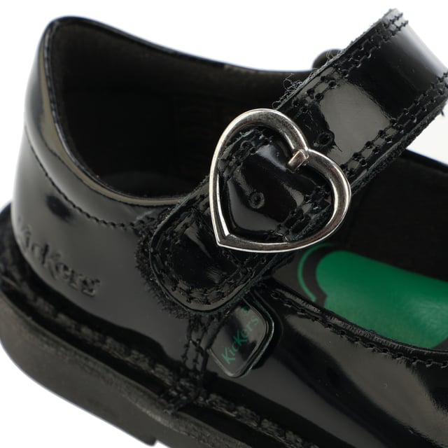 Infant Girls Kickers Adlar Heart Patent Shoe in black.- Leather upper.- Hook & loop strap fastening.- Branded tab and Kickers' debossed detailing at the heel.- Silver tone heart buckle.- Rubber sole.- Ref: 116240