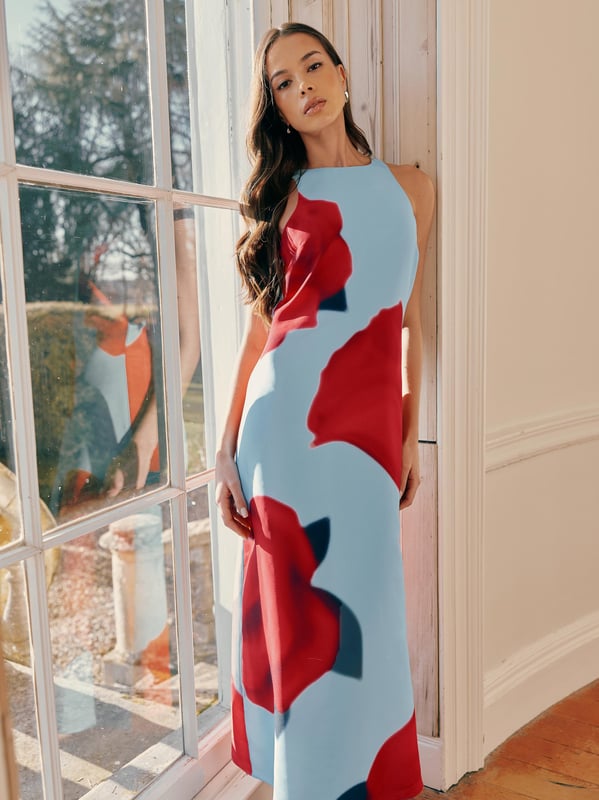 Co-founders' Notes

Introducing our Camilla Red Rose Print Racer Dress, a standout midaxi-length occasionwear piece with a striking large placement red rose print against an icy blue ground colour. Cut from a lightweight crepe, this fabric drapes beautifully in a column silhouette, featuring a stylish racer neckline that adds a contemporary touch to the elegant design. With a convenient zip in the back and fully lined for comfort, this dress seamlessly combines sophistication and style, making it a perfect choice for special occasions.

Midaxi Length

Fully Lined
Back zip
Racer Neckline
True to size. Try your usual size



Fabric &amp; Care



Composition: Main: 51% Recycled Polyester 49% Polyester Lining: 100% Viscose


Garment Care: Machine washable



Size &amp; Fit


True to size. Try your usual size

Length: 135cm (size 10)

Model is 170 cm/5'7" and is wearing a size 10