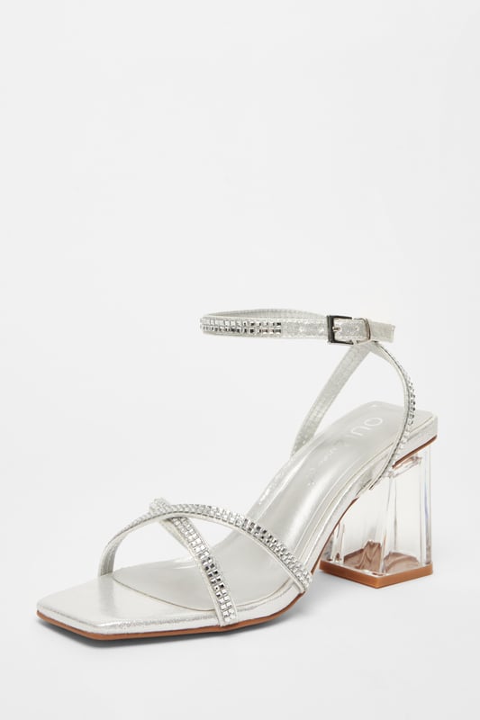 Wide Fit Silver Diamante Heels - Diamante embellishment - Block heel - Clear heel - Open toe - Heel height: 8 cm / 3 inches