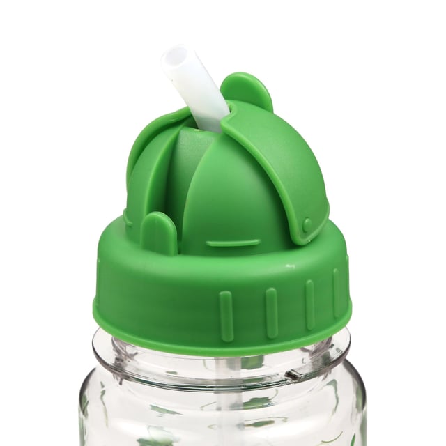 80% Tritan Copolyester Plastic, 10% Polypropylene, 10% Silicone. BPA Free, Lightweight. Flip Up Straw, Screw Top Lid. Design: Frog. Capacity: 0.3L.