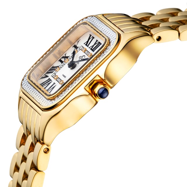 Drape wrists in romantic, decadent timepieces inspired by the fashion capital of the world.
The Milan Collection combines precision Swiss quartz craftsmanship with signature, effortless Italian style. This luxe series of watches by GV2 stuns with timeless sophistication and delicate details.
Eye-catching diamonds are expertly imbedded in a square shaped dial. The breathtaking diamond cut bezel gleams against a sapphire crystal face. Available in a supple patent leather band in an array of distinctive colors or in an elegant stainless-steel bracelet, ion-plated in rose or yellow gold.
Each exquisite timepiece from the Milan Collection is a tribute to iconic, exceptional Italian fashion.
GV2 12112B Women's Milan Diamond Swiss Quartz Watch
GV2 Women's Swiss Watch from the Milan Collection
27.5 mm Square IP Light Yellow Gold Case/Push Pull Crown with Blue Cabochon Stone
Diamond Cut Bezel, Crisp White Dial with 12 Diamonds
IP Light Yellow Gold Bracelet With Deployment Buckle
Anti-reflective Sapphire Crystal
Water Resistant to 50 Meters/5ATM
Swiss Quartz Movement Ronda 762