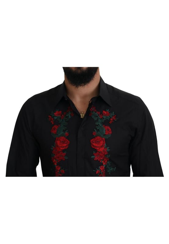 Black floral embroidery mens long sleeves gold shirt
  100% authentic and brand new with tags
  Classic neck
  Long sleeves
  Button-down closure
  Regular fit
  Made of 100% cotton
  Black color with floral embroidery
  Front button closure
  Logo details
  Made in Italy
Material: 100% Cotton