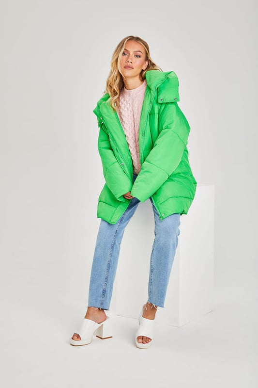 Model is 5'3 and wears a size 8. Oversized, hood, longline
