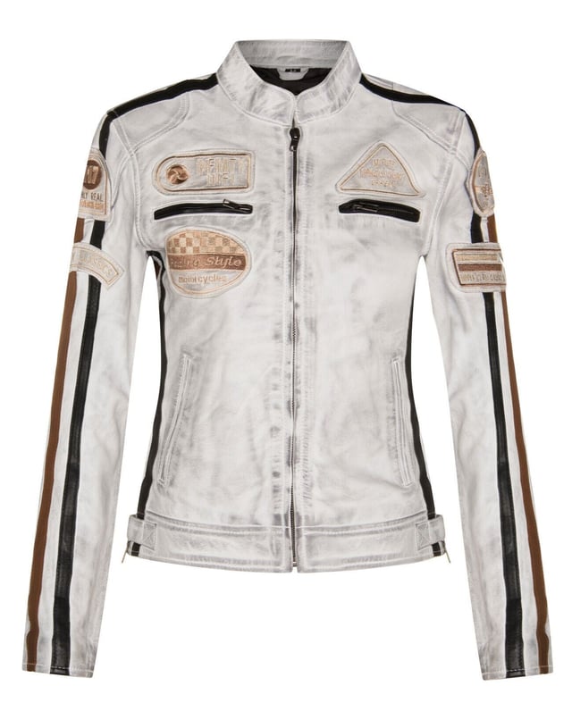 Finished in our premium nappa leather and detailed with our embroidered vintage badges, racing enthusiasts look no further. The classic biker style is leveled up with the addition of twin contrasting racing stripes on the sleeves and a thoughtful placement of racing badges to make this iconic piece. The jacket still stays true to its biker roots with a classic short tab collar and two zip pockets positioned at the breast for a traditional look. For additional storage find two hand pockets at the waist to ensure this jacket is as practical as it is stylish. â€¢ 100% premium ultra-soft nappa leather. â€¢ Four exterior pockets â€¢ Racing style stripes on each of the jacket sleeves â€¢ Full length YKK zip on the front â€¢ Embroidered racing style badges featured across the jacket front and sleeves