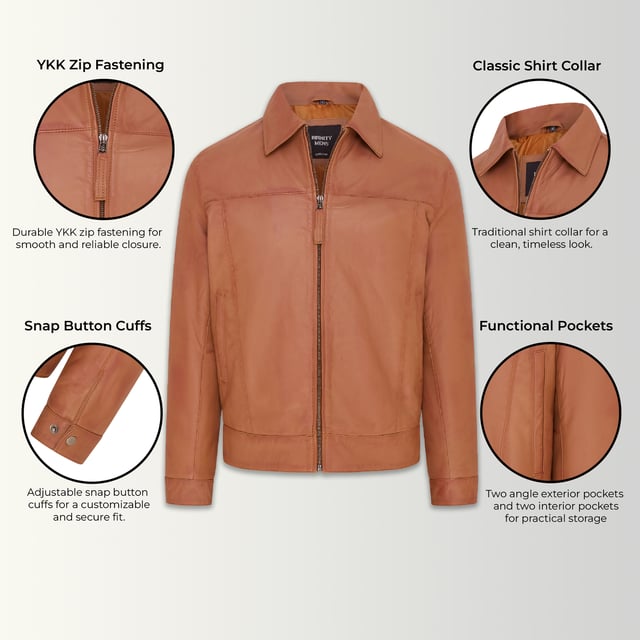 Esta chaqueta Harrington es un diseño atemporal que recuerda a la era de los moteros de los años 50. Presenta un cuello camisero clásico y dos bolsillos para las manos en la cintura para un look limpio y clásico. Disponible en negro, tostado y marrón castaño oscuro, esta chaqueta se puede combinar con una variedad de atuendos y es la opción perfecta para salir de noche. Con un interior de satén de primera calidad y un cuerpo de cuero napa elaborado con cariño, esta cómoda Harrington es un testimonio del hecho de que, a pesar de la variedad de modas y gustos, algunas prendas están hechas para ser básicas en tu guardarropa. • 100 % cuero napa ultra suave de primera calidad. • Dos bolsillos en ángulo en la cintura • Cuello camisero clásico • Bolsillos integrados en el forro de la chaqueta • Cierre de cremallera YKK