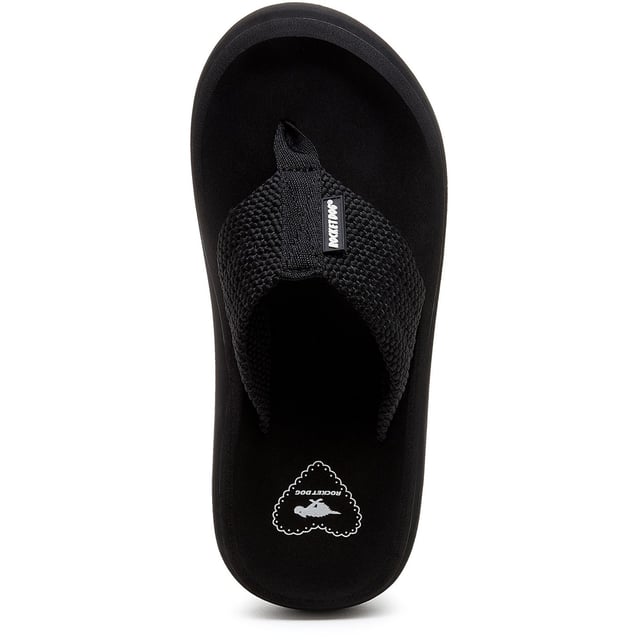 Sandalias Rocket Dog Sandy Atoll negras para mujer, confeccionadas con tela y suela de goma. Presentan: suela gruesa, logo Rocket Dog y parte superior de tejido texturizado.