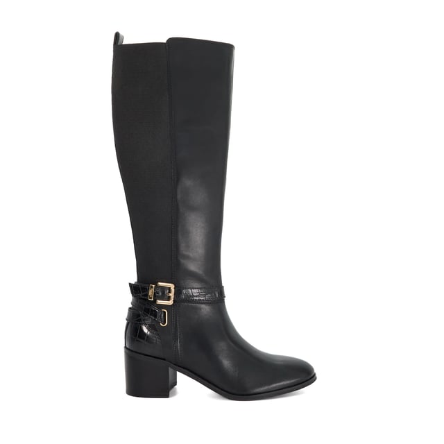 Dune Ladies Tilburies - Leather Round Toe Riding Boots This knee high boot has a curved back to accommodate your calves. It comes with an eyecatching gold zip and a chunky mid heel. Team it with skinny jeans and a baggy knit for a cosy winter look.