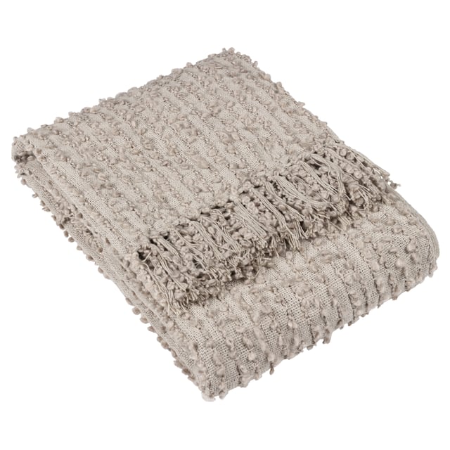Add instant style and texture to any space with the Arvo throw. This woven design is adorned with elegant strands of vertical boucle yarn, which slide gracefully down the piece, until they meet the textural fringing at both ends. It comes in a range of muted, chic tones, which are inspired by modern neutrals and fashion fabrics. A simple, but polished throw to drape on your sofa or bed to add instant style and texture to your home.