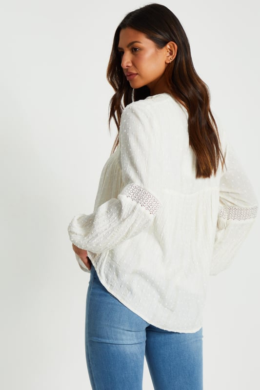 - Lace trim - Tie detailing - Long sleeves - Model height: 5' 7" - Model wears uk 8 / us 4 / eur 36 - Always check the care wash label. cool hand wash with mild detergent