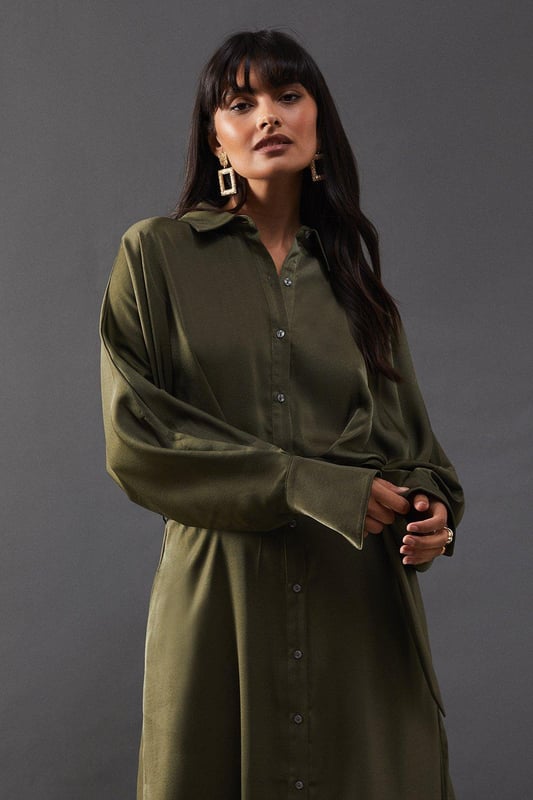 Satin Batwing Split Side Midi Shirt Dress