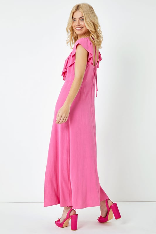 Ruffle Detail Midi Dress from Roman. Designed in a bright and eye catching, on trend colour this Dusk dress is guaranteed to elevate your new season style. Cut from a smooth and light woven, linen mix this piece features a feminine v neckline, trimmed with delicate ruffle detailing. Short sleeves add extra coverage, while a fitted waist creates shape before the skirt falls to a modest midi length, in a flattering fit and flare style. This piece is finished with a stylish concealed back zip. Simply add bright heels for an on trend look!