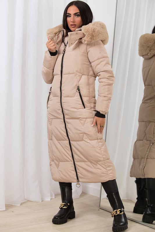 Jess Women's Long Puffer Coat with Faux Fur Hood Zip Pockets