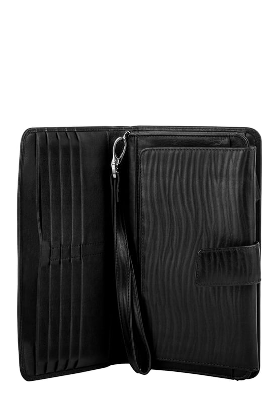 This hardworking travel wallet / document holder is super practical and stylish. With 18 card holder slots, three large slip pockets and a large zipped pocket, you can organise all your important travel documents and currency. The rigid grain leather gives it an antique look and the intricate stitch detail finishes off the look. Features: , Rigid grain leather, Smith & Canova blind debossed logo, Three large slip pockets, 18 card holder slots, ID window slot, Transparent picture slot, Large zipped pocket, Detachable leather wrist strap