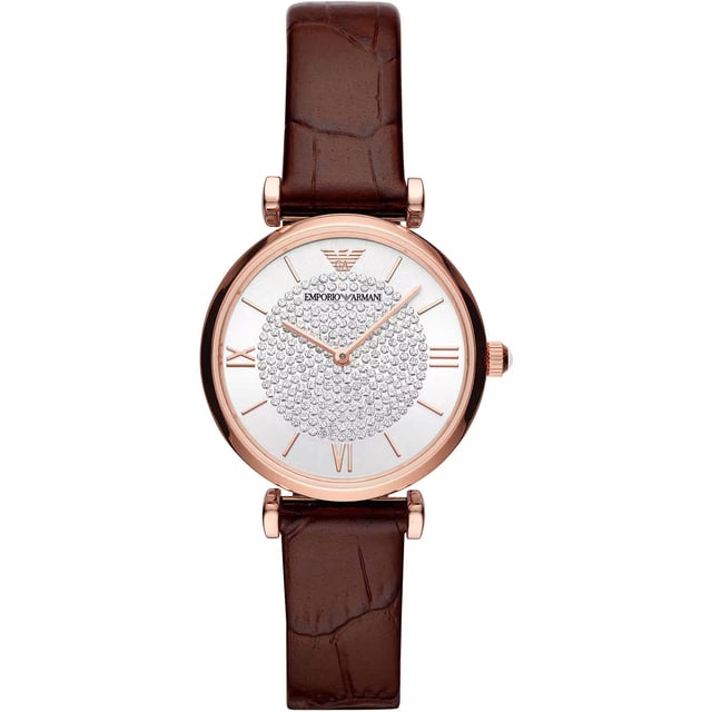 Brand: Emporio Armani
  Package: Original box Emporio Armani
  Product Guarantee: International Warranty Emporio Armani
  Code: AR11269
  Watch Bracelet material: Leather
  Case Material: Steel
  Case size: 32mm
  Water Resistance: 30m
  3ATM
  3bar
  Movement: Quartz
  Bracelet Colour: Bordeaux
  Bracelet Clasp: Buckle Clasp
  Watch Shape: Circular
  Width: 14mm
  Watch Style: Trendy
  Customizable: Yes
  Ladies watch by Emporio Armani
  Stainless steel case with polished finish rose gold color
  Case shape: round
  Diameter: 32mm Thickness: 8mm
  Transparent glass and silver dial
  Anse distance: 14mm
  Leather strap with shiny bordeaux color finish
  Closure: ardiglione
  Water resistance: 3 atm
  Quartz movement 2 spheres
  Reference: AR11269
Material: Steel and Leather