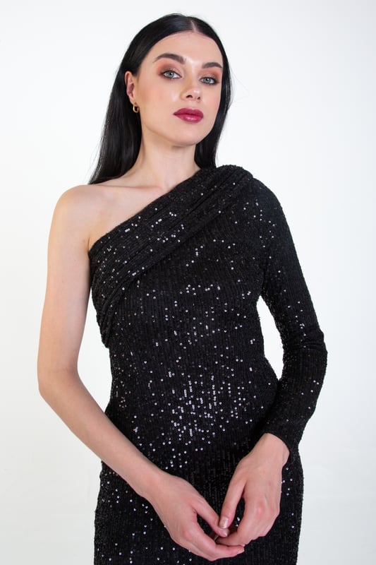 open lace back dress Fuchsia Pink One Shoulder Sequin Midi Dress