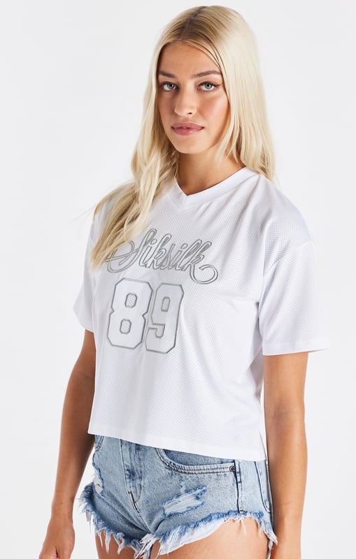 inchWhite Mesh TShirtVNeckPerforated fabricApplique logoShort sleevesMachine wash90% Polyester 10% Elastane inch