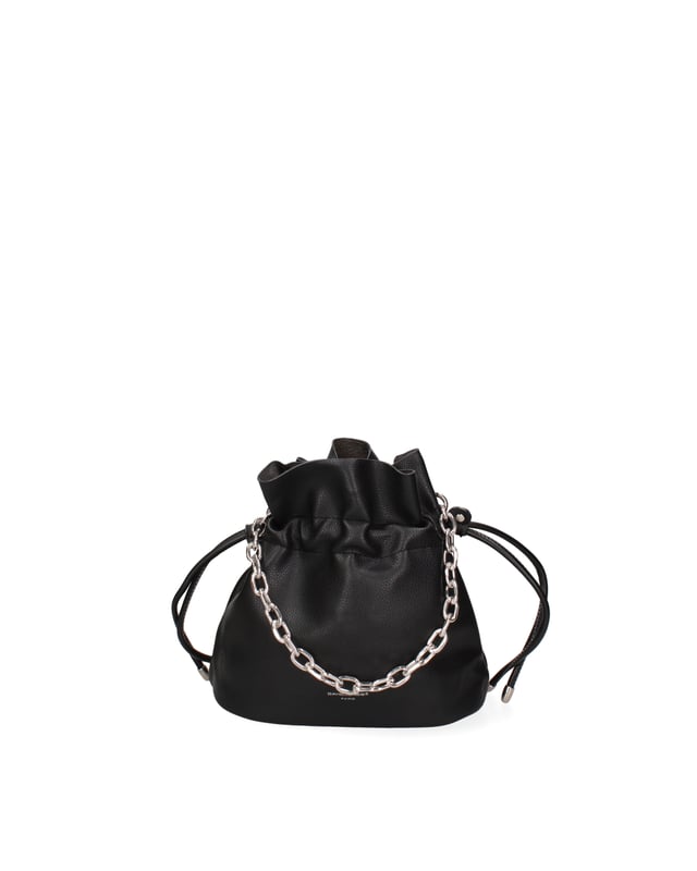 Bolso tipo bombonera para mujer. El cierre es con cremallera. Los bolsillos internos son uno con cremallera y otro abierto. Los bolsillos externos están ausentes. La correa para el hombro es ajustable y extraíble. El mango es de cadena. Hay un compartimento interno. El material exterior es PVC. Internamente está forrado en poliéster. Medidas: 22x24x12 cm. Producto de moda