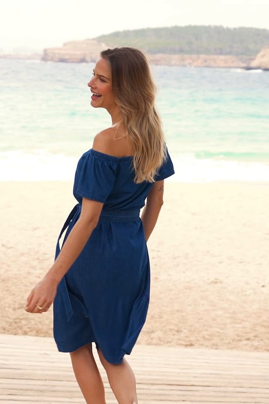 Indigo Blue Button Front Bardot Denim Dress