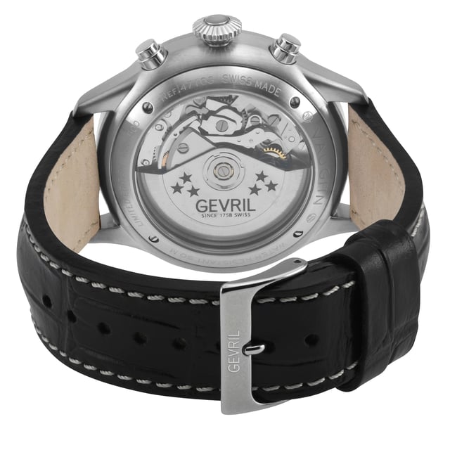 Reloj automático suizo Gevril 47100 Vaughn para hombres
Reloj cronógrafo automático suizo para hombres Gevril de la colección Vaughn
Estuche redondo de acero inoxidable 316L de 44 mm, esfera negra cronógrafo con 3 subesferas: contador de 1/8 segundos, contador de 30 minutos, contador de 12 horas
Fondo de caja con 4 tornillos, corona de empuje/tirón, bisel pulido, estuche satinado
Edición Limitada 001/500
Correa genuina negra italiana hecha a mano con hebilla de tang
Cristal de zafiro antirreflectante
Resistente al agua hasta 50 metros/5ATM
Movimiento cronógrafo automático suizo ETA7750