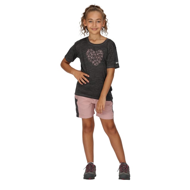 Regatta Childrens/Kids Sorcer Mountain III Shorts (Dusky Rose/Seal Grey) Fabric: Isotex, Stretch. Design: Colour Block, Logo. Pockets: 2 Side Pockets, 1 Back Pocket, Zip. Fastening: Button, Zip Fly. Fabric Technology: Durable, Isoflex, Lightweight, Quick Dry, Water Repellent. Belt Loops, Branded Tab. Waistline: Part Elasticated. Sustainability: Made from Recycled Materials.