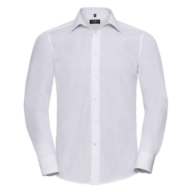 65% Polyester, 35% Cotton. Fabric: Poplin. Design: Plain. Cuff: Adjustable, Double Button. Hem: Curved. Sleeve-Type: Long-Sleeved. Neckline: Semi-Cutaway Boned Collar, Turn Down Collar. Back Yoke, Double Folded Seams, Easy-Care. Fit: Tailored. 110gsm. Sustainability: Amfori, Better Cotton Initiative, BSCI, Fair Labor Association, Oeko-Tex Standard 100 Certified, WRAP Certified.