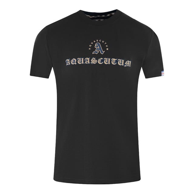 Aquascutum Script Logo Black T-Shirt. Stay stylish in the Aquascutum Logo Black T-Shirt. This classic white tee is made with quality materials to keep you looking sharp for years to come. An invaluable addition to your wardrobe, discover the luxury of this timeless brand.. Aquascutum Script Branding Across The Chest, Short Sleeve, Crewneck. 100% Cotton, Regular Fit, Fits True To Size. Union Jack Logo On Back Neck, British Flag Badge On Left Sleeve. Style Code: T00923 99