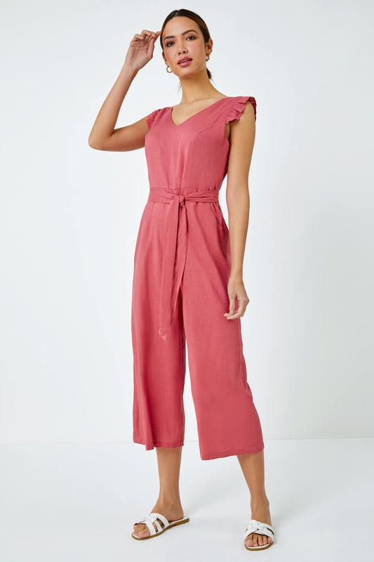 Linen Blend Cropped Frill Jumpsuit