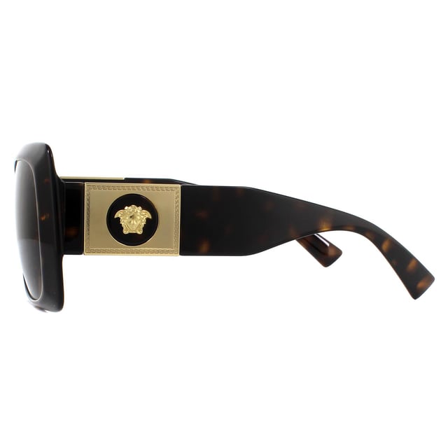 Versace Sunglasses VE4405 108/73 Havana Dark Brown are an oversized acetate design with bevel angled profiles and wide temples embellished with the new cut out metal plaque with 3D Medusa at the centre..