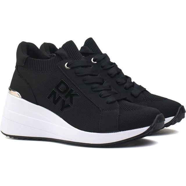A Fabulous Pair Of Hi-top, High Fashion Trainers, That Offer A Comfortable Feel And Great Designer Looks. If You Love The Vibes Of The Urban Jungle, With A Notch To Sophisticated Sock-like Sneaker Style, Then This Is Your Go-to Shoe. This Dkny Kasia Wedge Trainer Features A Soft Black Fine Nylon Upper With The Iconic Dkny Logo On The Side And Gold Metal Heel Detail.